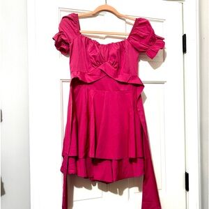 LYANER Off Shoulder Wrap Tie Up Back Ruffle Short Sleeve Romper Short Jumpsuit